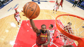 WASHINGTON, DC - OCTOBER 8: Kendrick Perkins #21 of the Cleveland Cavaliers drives to the basket during the preseason game against the Washington Wizards on October 8, 2017 at Capital One Arena in Washington, DC. NOTE TO USER: User expressly acknowledges and agrees that, by downloading and or using this Photograph, user is consenting to the terms and conditions of the Getty Images License Agreement. Mandatory Copyright Notice: Copyright 2017 NBAE (Photo by Ned Dishman/NBAE via Getty Images)