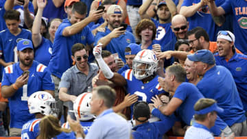 Oct 5, 2019; Gainesville, FL, USA; Florida Gators defensive back Marco Wilson (3) celebrates his interception during the fourth quarter against the Auburn Tigers at Ben Hill Griffin Stadium. Mandatory Credit: Douglas DeFelice-USA TODAY Sports