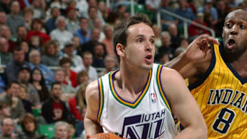 SALT LAKE CITY - MARCH 5: Raul Lopez #24 of the Utah Jazz drives to the basket against the Indiana Pacers on March 5, 2004 at the Delta Center in Salt Lake City, Utah. (Photo By Kent Horner/NBAE via Getty Images)