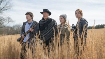 Columbus (Jesse Eisenberg), Tallahassee (Woody Harrelson), Little Rock (Abigail Breslin) and Wichita (Emma Stone) in Columbia Pictures' ZOMBIELAND: DOUBLE TAP.