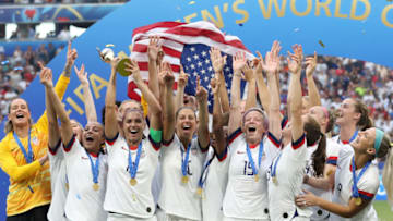 LYON, July 8, 2019 -- Players of the United States celebrate during the awarding ceremony of the 2019 FIFA Women's World Cup at Stade de Lyon in Lyon, France, July 7, 2019. (Photo by Xu Zijian/Xinhua via Getty) (Xinhua/Xu Zijian via Getty Images)