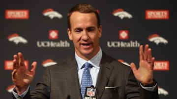 ENGLEWOOD, CO - MARCH 07: Quarterback Peyton Manning addresses the media as he announces his retirement from the NFL at the UCHealth Training Center on March 7, 2016 in Englewood, Colorado. Manning, who played for both the Indianapolis Colts and Denver Broncos in a career which spanned 18 years, is the NFL's all-time leader in passing touchdowns (539), passing yards (71,940) and tied for regular season QB wins (186). Manning played his final game last month as the winning quarterback in Super Bowl 50 in which the Broncos defeated the Carolina Panthers, earning Manning his second Super Bowl title. (Photo by Doug Pensinger/Getty Images)