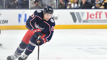 COLUMBUS, OH - MAY 6: Ryan Dzingel #19 of the Columbus Blue Jackets skates after the puck during the third period in Game Six of the Eastern Conference Second Round against the Boston Bruins during the 2019 NHL Stanley Cup Playoffs on May 6, 2019 at Nationwide Arena in Columbus, Ohio. (Photo by Jamie Sabau/NHLI via Getty Images)