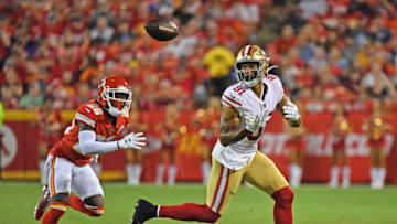 KANSAS CITY, MO - AUGUST 24: Wide receiver Jordan Matthews #81 of the San Francisco 49ers catches a pass against cornerback Mark Fields #26 of the Kansas City Chiefs during the second half of a preseason game at Arrowhead Stadium on August 24, 2019 in Kansas City, Missouri. (Photo by Peter Aiken/Getty Images)