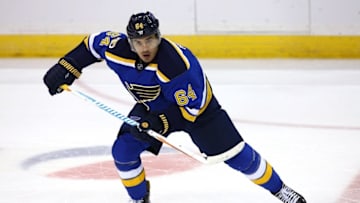 Oct 13, 2016; St. Louis, MO, USA; St. Louis Blues right wing Nail Yakupov (64) skates during the third period against Minnesota Wild at Scottrade Center. The Blues won the game 3-2. Mandatory Credit: Billy Hurst-USA TODAY Sports