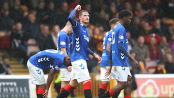 MOTHERWELL, SCOTLAND - AUGUST 26: Kyle Lafferty of Rangers celebrates after he scores his second goal during the Scottish Premier League match between Motherwell and Rangers at Fir Park on August 19, 2018 in Motherwell, Scotland. (Photo by Ian MacNicol/Getty Images)