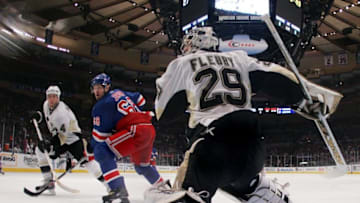 NEW YORK - MARCH 31: Marc-Andre Fleury #29 of the Pittsburgh Penguins moves into position to defend against Jaromir Jagr #68 of the New York Rangers on March 31, 2008 at Madison Square Garden in New York City. The Rangers defeated the Penguins 2-1 in overtime. (Photo by Bruce Bennett/Getty Images)
