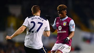 LONDON, ENGLAND - JANUARY 08: Kevin Wimmer of Tottenham Hotspur (L) and Aaron Tshibola of Aston Villa (R) battle for possession during The Emirates FA Cup Third Round match between Tottenham Hotspur and Aston Villa at White Hart Lane on January 8, 2017 in London, England. (Photo by Dan Mullan/Getty Images)