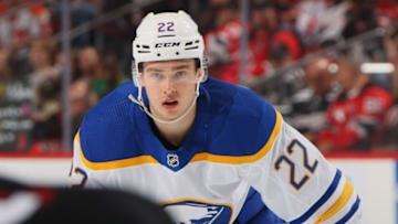 NEWARK, NEW JERSEY - APRIL 11: Jack Quinn #22 of the Buffalo Sabres against the New Jersey Devils at the Prudential Center on April 11, 2023 in Newark, New Jersey. (Photo by Bruce Bennett/Getty Images)