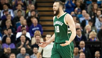 Feb 1, 2016; Sacramento, CA, USA; Milwaukee Bucks center Miles Plumlee (18) reacts to a call during the third quarter against the Sacramento Kings at Sleep Train Arena. The Sacramento Kings defeated the Milwaukee Bucks 111-104. Mandatory Credit: Ed Szczepanski-USA TODAY Sports