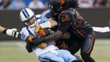 Aug 17, 2014; Toronto, Ontario, Canada; Toronto Argonauts quarterback Ricky Ray (15) is sacked by BC Lions defensive end Khreem Smith (94) during the first half at Rogers Centre. Mandatory Credit: John E. Sokolowski-USA TODAY Sports