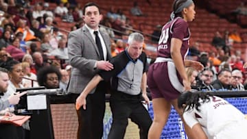 Mar 1, 2023; Greenville, SC, USA; Mississippi State Coach Sam Purcell during the first quarter of the SEC Women's Basketball Tournament at Bon Secours Wellness Arena. Mandatory Credit: Ken Ruinard-USA TODAY Sports