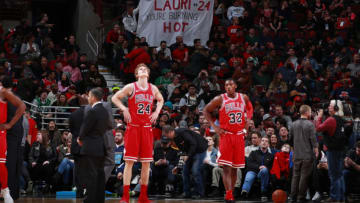 CHICAGO, IL - MARCH 5: fans hold a sign during the game between the Chicago Bulls and Boston Celtics on March 5, 2018 at the United Center in Chicago, Illinois. NOTE TO USER: User expressly acknowledges and agrees that, by downloading and or using this photograph, user is consenting to the terms and conditions of the Getty Images License Agreement. Mandatory Copyright Notice: Copyright 2018 NBAE (Photo by Jeff Haynes/NBAE via Getty Images)