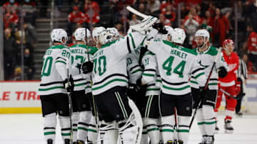 Jan 21, 2022; Detroit, Michigan, USA; Dallas Stars goaltender Braden Holtby (70) receives congratulations from teammates after the game against the Detroit Red Wings at Little Caesars Arena. Mandatory Credit: Rick Osentoski-USA TODAY Sports