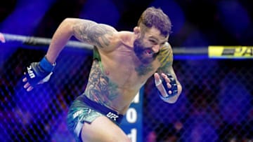 Jul 6, 2019; Las Vegas, NV, USA; Michael Chiesa (blue gloves) before his fight against Diego Sanchez (not pictured) at T-Mobile Arena. Mandatory Credit: Stephen R. Sylvanie-USA TODAY Sports