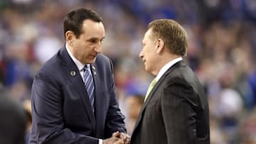 Apr 4, 2015; Indianapolis, IN, USA; Duke Blue Devils head coach Mike Krzyzewski (left) greets Michigan State Spartans head coach Tom Izzo (right) before the 2015 NCAA Men