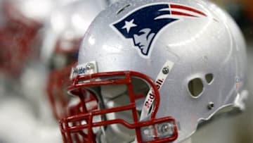 Dec 29, 2013; Foxborough, MA, USA; New England Patriots helmets sit on the bench before their game against the Buffalo Bills at Gillette Stadium. Mandatory Credit: Winslow Townson-USA TODAY Sports