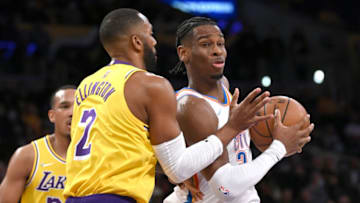 Lakers guard Wayne Ellington (2) guards OKC Thunder guard Shai Gilgeous-Alexander (2): Jayne Kamin-Oncea-USA TODAY Sports