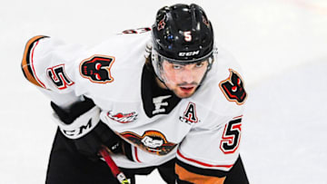 CALGARY, AB - MARCH 20: Jackson van de Leest #5 of the Calgary Hitmen in action against the Lethbridge Hurricanes during a WHL game at Seven Chiefs Sportsplex on March 20, 2021 in Calgary, Alberta, Canada. (Photo by Derek Leung/Getty Images)