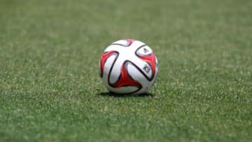 May 4, 2014; Frisco, TX, USA; A general view of a soccer ball on the field before the match between the New York Red Bulls and FC Dallas at Toyota Stadium. New York beat Dallas 1-0. Mandatory Credit: Tim Heitman-USA TODAY Sports