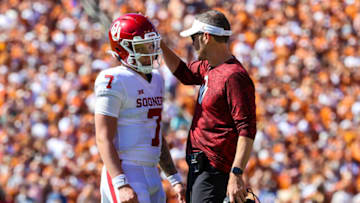 Oklahoma Sooners head coach Lincoln Riley speaks with Oklahoma Sooners quarterback Spencer Rattler (7). Mandatory Credit: Kevin Jairaj-USA TODAY Sports
