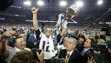 Feb 1, 2015; Glendale, AZ, USA; New England Patriots quarterback Tom Brady (12) celebrates after beating the Seattle Seahawks in Super Bowl XLIX at University of Phoenix Stadium. Mandatory Credit: Matthew Emmons-USA TODAY Sports