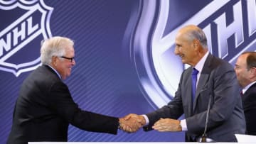 LAS VEGAS, NV - JUNE 22: Bill Foley (l) joins NHL Chairman of the Board Jeremy Jacbobs (r) on the podium during the Board Of Governors Press Conference prior to the 2016 NHL Awards at Encore Las Vegas on June 22, 2016 in Las Vegas, Nevada. (Photo by Bruce Bennett/Getty Images)