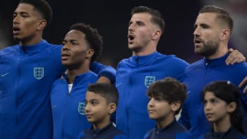 Jude Bellingham, Raheem Sterling (Chelsea), Mason Mount (Chelsea) and Luke Shaw of England (Photo by Visionhaus/Getty Images)