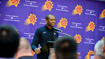 PHOENIX, AZ - SEPTEMBER 30: General Manager James Jonesof the Phoenix Suns speaks during media day on September 30, 2019 at Talking Stick Resort Arena in Phoenix, Arizona. NOTE TO USER: User expressly acknowledges and agrees that, by downloading and or using this Photograph, user is consenting to the terms and conditions of the Getty Images License Agreement. Mandatory Copyright Notice: Copyright 2019 NBAE (Photo by Barry Gossage NBAE via Getty Images)