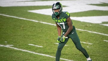 EAST LANSING, MI - NOVEMBER 28: Tre Mosley #17 of the Michigan State Spartans lines up against the Northwestern Wildcats during the third quarter at Spartan Stadium on November 28, 2020 in East Lansing, Michigan. (Photo by Nic Antaya/Getty Images)