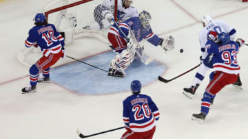 Igor Shesterkin #31 of the New York Rangers tends goal during the second period against the Tampa Bay Lightning in Game Five of the Eastern Conference Final of the 2022 Stanley Cup Playoffs (Photo by Al Bello/Getty Images)