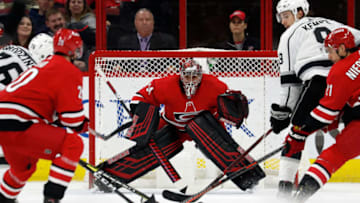 RALEIGH, NC - FEBRUARY 26: Petr Mrazek #34 of the Carolina Hurricanes defends the net during the second period agaisnt the Los Angeles Kings during an NHL game on February 26, 2019 at PNC Arena in Raleigh, North Carolina. (Photo by Karl DeBlaker/NHLI via Getty Images)