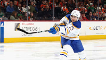 PHILADELPHIA, PENNSYLVANIA - MARCH 17: Peyton Krebs #19 of the Buffalo Sabres skates against the Philadelphia Flyers at the Wells Fargo Center on March 17, 2023 in Philadelphia, Pennsylvania. (Photo by Bruce Bennett/Getty Images)