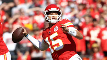 KANSAS CITY, MISSOURI - OCTOBER 13: Patrick Mahomes #15 of the Kansas City Chiefs looks to pass during the first half against the Houston Texans at Arrowhead Stadium on October 13, 2019 in Kansas City, Missouri. (Photo by Jamie Squire/Getty Images)