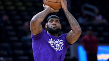 SAN FRANCISCO, CALIFORNIA - FEBRUARY 08: LeBron James #23 of the Los Angeles Lakers warms up prior to the start of an NBA basketball game against the Golden State Warriors at Chase Center on February 08, 2020 in San Francisco, California. NOTE TO USER: User expressly acknowledges and agrees that, by downloading and or using this photograph, User is consenting to the terms and conditions of the Getty Images License Agreement. (Photo by Thearon W. Henderson/Getty Images)