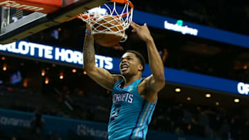 Oct 26, 2018; Charlotte, NC, USA; Charlotte Hornets forward Miles Bridges (0) dunks the ball in the second half against the Chicago Bulls at Spectrum Center. Mandatory Credit: Jeremy Brevard-USA TODAY Sports
