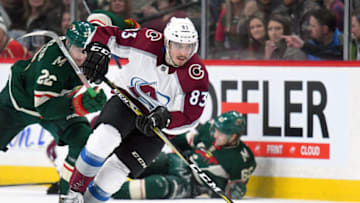ST. PAUL, MN - MARCH 13: Colorado Avalanche Left Wing Matt Nieto (83) skates with the puck during a NHL game between the Minnesota Wild and Colorado Avalanche on March 13, 2018 at Xcel Energy Center in St. Paul, MN. The Avalanche defeated the Wild 5-1.(Photo by Nick Wosika/Icon Sportswire via Getty Images)