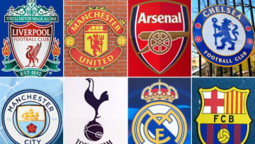 TOPSHOT - (COMBO) This combination of file pictures made on April 19, 2021, shows the logos of the following European football clubs: (top, L-R) Liverpool on May 30, 2019 in Madrid; Manchester United on July 5, 2013 in Manchester; Arsenal on March 2, 2019 in London; Chelsea on March 13, 2020 in London; (middle, L-R) Manchester City on April 10, 2021 in Manchester; Tottenham Hotspur on March 2, 2019 in London; Real Madrid on May 20, 2014 in Lisbon; Barcelona on September 28, 2016 in Moenchengladbach; (bottom, L-R) Atletico Madrid on May 20, 2014 in Lisbon; Juventus on May 26, 2019 in Genoa; Inter Milan on April 7, 2021 in Milan; and AC Milan on September 10, 2006 in Milan. - Plans for a breakaway Super League announced by twelve of European football's most powerful clubs plunged European football into an unprecedented crisis on April 19, 2021, with threats of legal action and possible bans for players, as the UEFA president called it a "spit in the face" for supporters. Six Premier League teams -- Liverpool, Manchester United, Arsenal, Chelsea, Manchester City and Tottenham Hotspur -- joined forces with Spanish giants Real Madrid, Barcelona and Atletico Madrid and Italian trio Juventus, Inter Milan and AC Milan to launch the planned competition. (Photo by AFP) (Photo by PIERRE-PHILIPPE MARCOU,PAUL ELLIS,DANIEL LEAL-OLIVAS,ISABEL INFANTES,TIM KEETON,JOSE MANUEL RIBEIRO,ODD ANDERSEN,MARCO BERTORELLO,ISABELLA BONOTTO,PACO SERINELLI/AFP via Getty Images)