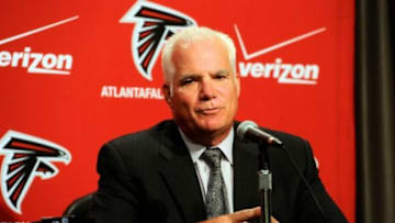May 9, 2014; Atlanta, GA, USA; Atlanta Falcons head coach Mike Smith speaks about first round draft pick tackle Jake Matthews (not shown) during a press conference at Falcons Training Facility. Mandatory Credit: Dale Zanine-USA TODAY Sports