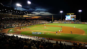 BATON ROUGE, LA - JUNE 08: General view of Alex Box stadium as the sun sets during Game 2 of the NCAA baseball Super Regionals between the LSU Tigers and the Oklahoma Sooners on June 8, 2013 in Baton Rouge, Louisiana. (Photo by Stacy Revere/Getty Images)
