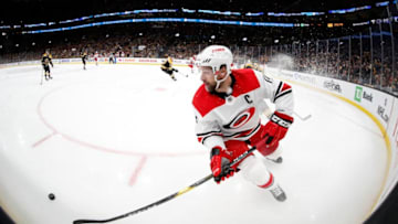 BOSTON, MA - MAY 12: Carolina Hurricanes right wing Justin Williams (14) looks bad to the point during Game 2 of the Stanley Cup Playoffs Eastern Conference Finals on May 12, 2019, at TD Garden in Boston, Massachusetts. (Photo by Fred Kfoury III/Icon Sportswire via Getty Images)