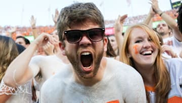 Sep 12, 2015; Knoxville, TN, USA; Tennessee Volunteers fans react during the second quarter at Neyland Stadium during the game against the Oklahoma Sooners. Mandatory Credit: Randy Sartin-USA TODAY Sports