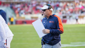 Auburn footballNov 11, 2023; Fayetteville, Arkansas, USA; Auburn Tigers head coach Hugh Freeze during a timeout in the second quarter against the Arkansas Razorbacks at Donald W. Reynolds Razorback Stadium. Auburn won 48-10. Mandatory Credit: Brett Rojo-USA TODAY Sports