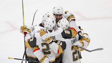 SAN JOSE, CA - APRIL 23: Cody Eakin #21 of the Vegas Golden Knights celebrates with teammates after scoring a goal in the second period against the San Jose Sharks in Game Seven of the Western Conference First Round during the 2019 NHL Stanley Cup Playoffs at SAP Center on April 23, 2019 in San Jose, California. (Photo by Lachlan Cunningham/Getty Images)