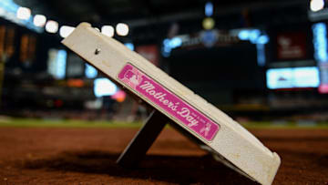 PHOENIX, AZ - MAY 13: A view of a Mother's Day base as it sits on the field for the MLB game between the Washington Nationals and Arizona Diamondbacks at Chase Field on May 13, 2018 in Phoenix, Arizona. (Photo by Jennifer Stewart/Getty Images)