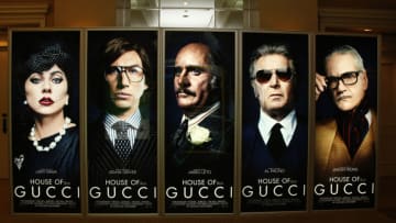 LAS VEGAS, NEVADA - AUGUST 26: An illuminated advertisement for the upcoming "House of Gucci" movie is displayed at Caesars Palace during CinemaCon, the official convention of the National Association of Theatre Owners, on August 26, 2021 in Las Vegas, Nevada. (Photo by Gabe Ginsberg/Getty Images)