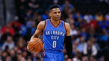 Apr 5, 2016; Denver, CO, USA; Oklahoma City Thunder guard Russell Westbrook (0) in the third quarter against the Denver Nuggets at the Pepsi Center. Mandatory Credit: Isaiah J. Downing-USA TODAY Sports