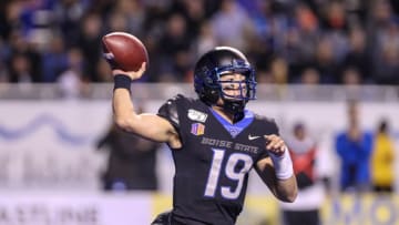 BOISE, ID - SEPTEMBER 20: Quarterback Hank Bachmeier #19 of the Boise State Broncos throws a pass during second half action against the Air Force Falcons on September 20, 2019 at Albertsons Stadium in Boise, Idaho. Boise State won the game 30-19. (Photo by Loren Orr/Getty Images)