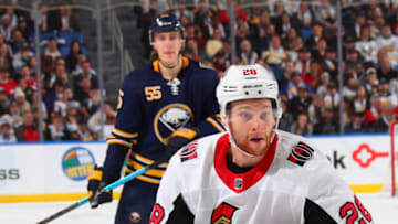 BUFFALO, NY - NOVEMBER 16: Connor Brown #28 of the Ottawa Senators skates during an NHL game against the Buffalo Sabres on November 16, 2019 at KeyBank Center in Buffalo, New York. (Photo by Sara Schmidle/NHLI via Getty Images)