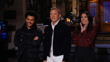 SATURDAY NIGHT LIVE -- "Daniel Craig" Episode 1782 -- Pictured: (l-r) Musical guest The Weeknd, host Daniel Craig, and Cecily Strong during Promos in Studio 8H on Thursday, March 5, 2020 -- (Photo by: Rosalind O'Connor/NBC)